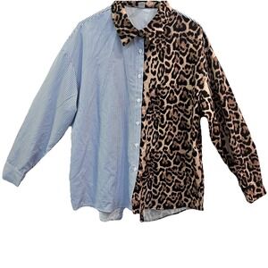 BEAUDRM Womens Sz Large Print Block Leopard Split Back Blouse Preppy Layered